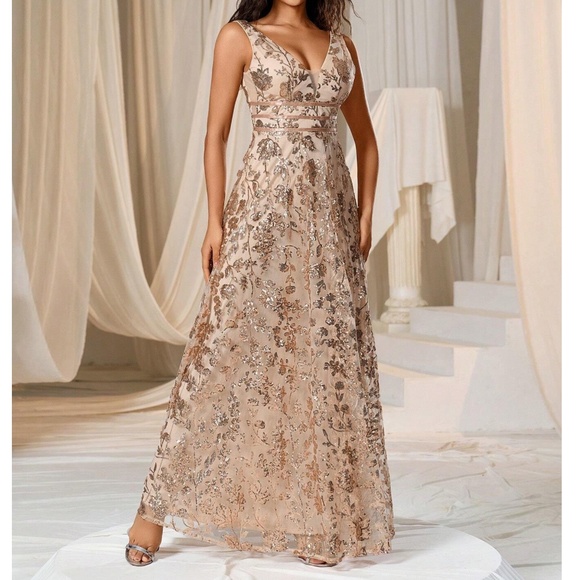 Luxe Floral Sequin Mesh Formal Black Tie Wedding Dress - Picture 8 of 12